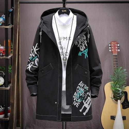 Long Jacket Men Print Fashion 2021 Spring Harajuku Windbreaker Overcoat Male Casual Outwear Youth Hip Hop Streetwear Coats