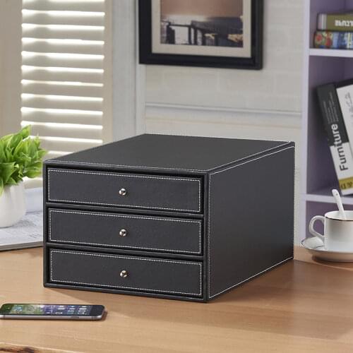 3-layer 3-drawer wood leather desk set filing cabinet storage box drawer office organizer document container holder brown 213B