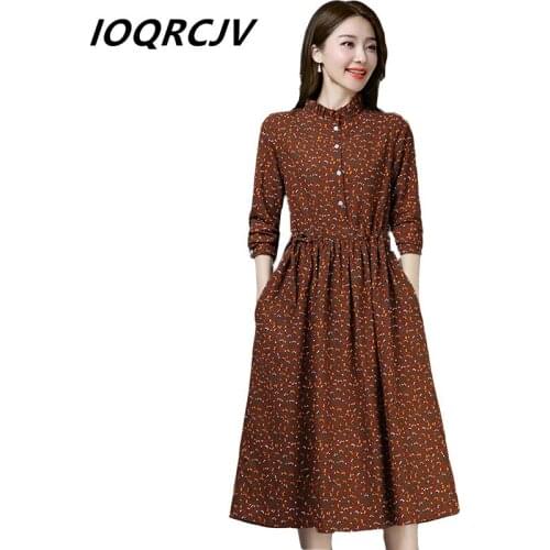 New Vintage Women Maxi Floral Dress Plus Size Long Sleeves A-Line Stand Collar Cotton Linen Loose Dresses Vestidos Fashion Q379