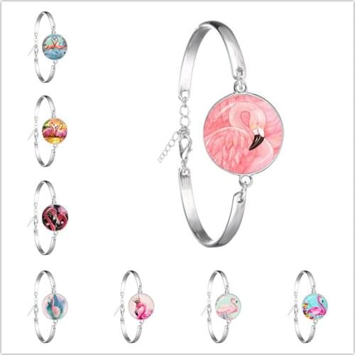 New Fashion Flamingo Bracelet Glass Cabochon Dome Chain Bangle Jewelry For Women Girls Birthday Gift