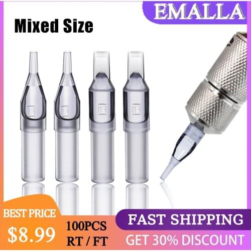 EMALLA 100PCS Disposable Tattoo Tips Tubes 3/ 5/ 7/ 9RT 5/ 7FT Assorted Size for Round Diamond Flat/Magnum Sterilize Tips Grips