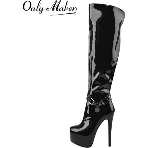 Onlymaker Winter Platform Over The Knee Boots Black Patent Leather Stone Print Metal Buckle Thin High Heel Boots Zipper Punk