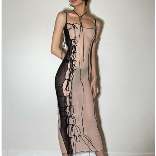 Uclio Sleeveless Strap See-Through Asymmetrical Sexy Dress Summer Women Fashion Streetwear Y2K Club Outfits