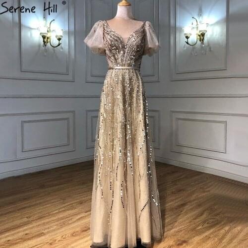Serene Hill Gold Luxury Sexy Evening Dresses Gowns 2021 Short Flare Sleeves Beaded A-Line For Women Party LA70824A