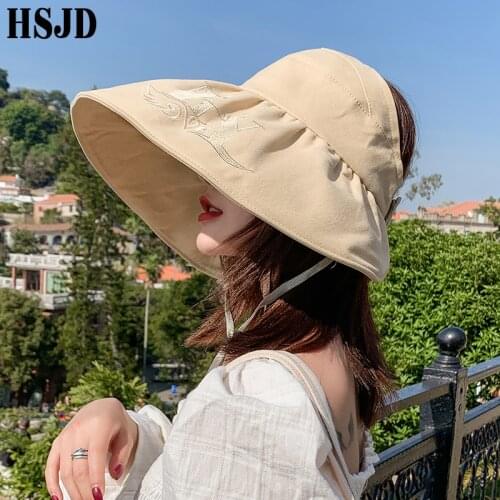 Summer Beach Hats Women Large Wide Brim Foldable Empty Top Hat Adjustable Anti-UV Sun Visor Cap Female Embroidery LOVE Bonnet