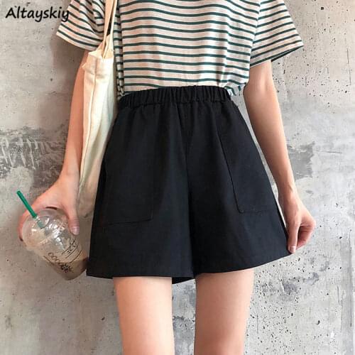 Shorts Women Pure Color Students Summer All-match Cozy Simple Casual Elastic Waist Streetwear Design Basic Female Ulzzang Pocket
