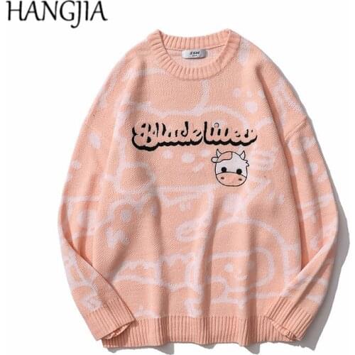 Funny Cows Anime Cartoon Printed Embroidery Pullover Knitwear Men 2021 Oversized Japanese Streetwear Knitted Sweater for Women