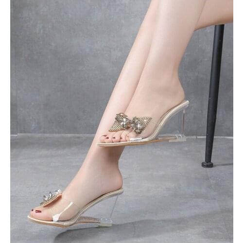 PVC HOT Female Slipper Shoes Women Wedges Transparent High Heels 8CM Summer Butterfly-knot Wild Women Slipper Lazy Shoes Sandals