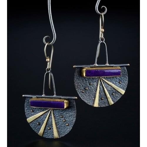 Vintage Purple Stone Dangle Earrings for Women Tribal Jewelry Baroque Synthetic Lock Metal Earring Oorbellen 2021 New