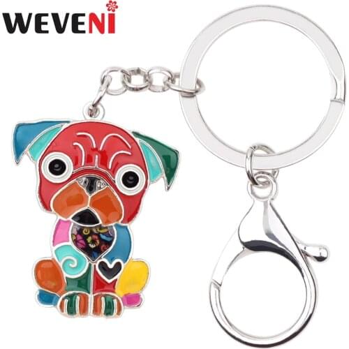 WEVENI Metal Enamel Sitting French Bulldog Pug Dog Key Chains Key Holder Keyrings Jewelry For Women Girls Pendant Hot Car Bijoux
