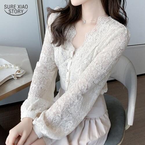 V-neck Bottoming Temperament Long-sleeved Shirt Women Autumn Retro Lace Hollow Blouse Elegant Cotton Solid Blouse Women 16273