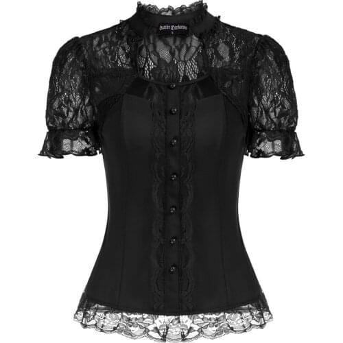 Summer Shirts Women Steampunk Lace Patchwork Tops Short Sleeves Stand Collar Tops Vintage Party Cocktail Gothic Retro Blouse New