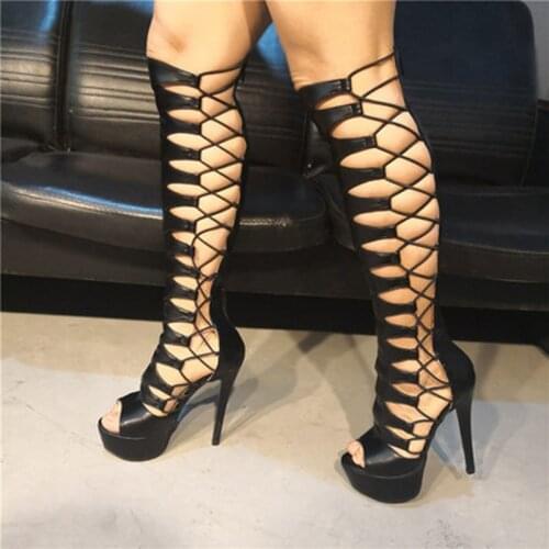 Sexy Summer Platform Cut outs Cage Long Boots Women leather Over the knee Gladiator Thigh High Boots high heels Sandals Boots