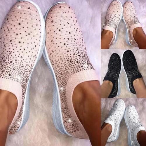 Newly Crystal Sneakers Women Ankle Shoes Flat Loafers Slip On Breathable Casual Shoes