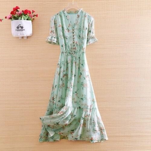High-end Summer 2020 Women Print Dress Chinese Style V-neck A-line Slim Elgant Lady Floral Party Dress S-XL