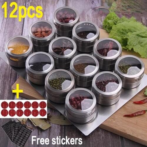 6/9/12 Piece Set Magnetic Spice Jar Refrigerator Dustproof Stainless Steel Seasoning Jar Sealed Barbecue Storage Box Wall Base