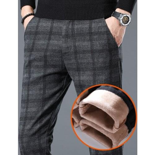 Winter Fleece Pants Me High Quality Business Casual Plaid Slim Cotton Long Trousers Male Black Gray Thick Pant Big Size 28-40