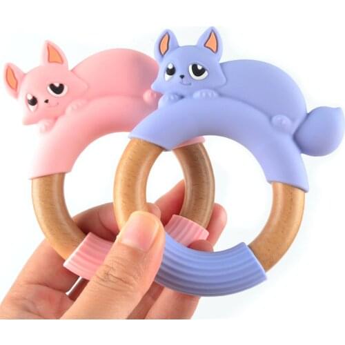 Wooden Teether Ring Fox Silicone Teething Toy BPA Free Baby Accessories Food Grade Infant Teether Ring Baby Oral Nursing Items