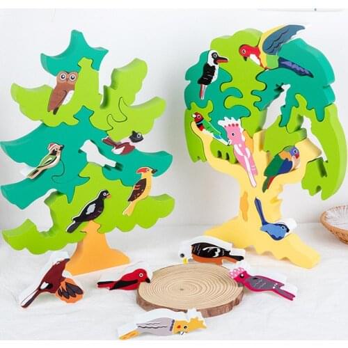 3D Montessori Wooden Tree Jigsaws Puzzles for Kids Stacking Puzzle Blocks Bird Tree Toys Balance Educational Toys