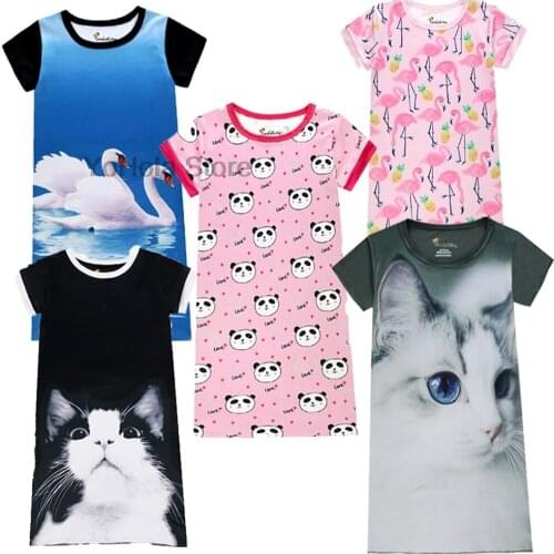 Kids Girls Nightgowns Animal Cat Swan Nightdress Girl Sleepwear Sleepshirt Summer Short Sleeves Nightwear Children Clothes
