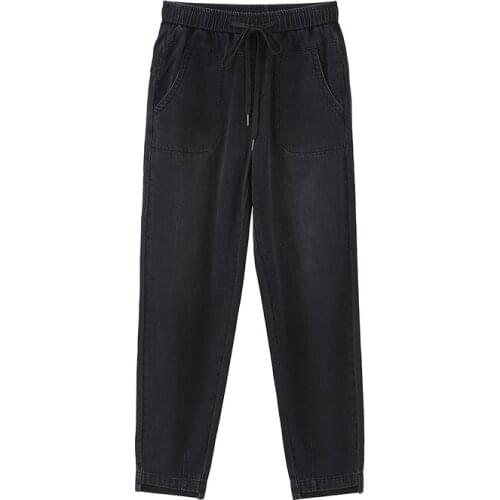 INMAN Spring Womens Jeans Drawstring Elastic Waist Pockets Irregular Hem Simple Casual Style Black Denim Trousers