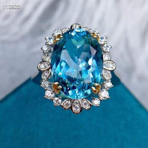 Genuine Natural Blue Topaz Crystal Women Faceted Adjustable Ring Rectangle Clear Oval Bead 10*14mm Gift Healing Stone AAAAA