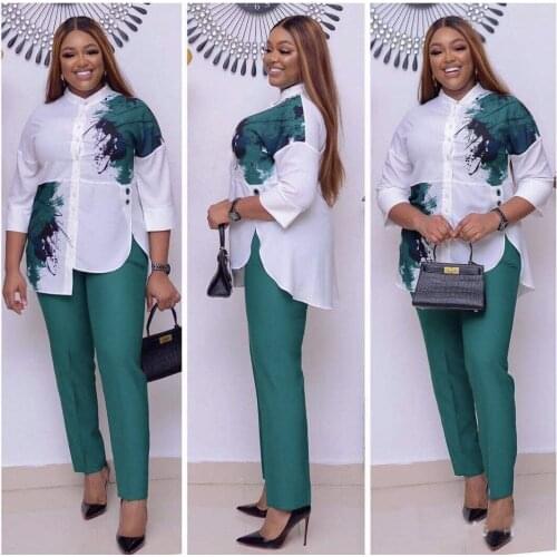 2 Piece Set Women Slim Solid Pants And 3/4 Sleeve Stand Collar Split Top 2021 Fashion Print Irregular Office Lady Suit Outfits