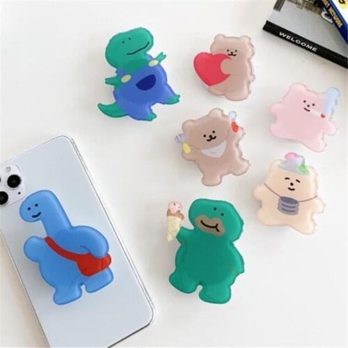 Korean Bear Dinosaur Expanding Stand Grip Mount Phone Socket Fold Mobile Smartphones Pocket Desktop Bracket Phone Stand Holder