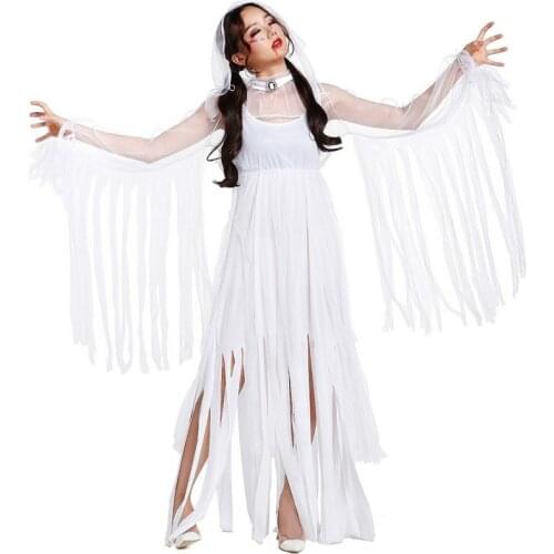 Halloween Cosplay Costumes Zombie White Ghost Bride Dresses Mummy White Impermanence Cos Long Tassels Dresses Yarn Hat 3Pcs Set