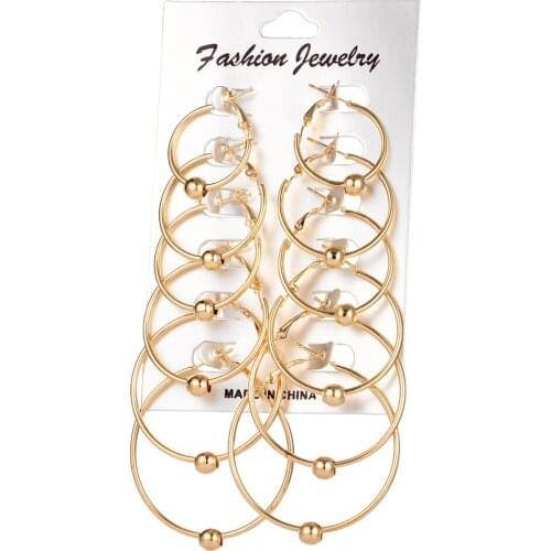 ISINYEE 6 Pairs/set Fashion Big Large Round Hoops Earring For Women Vintage Gold Silver Beaded Circle Earring Punk Jewelry