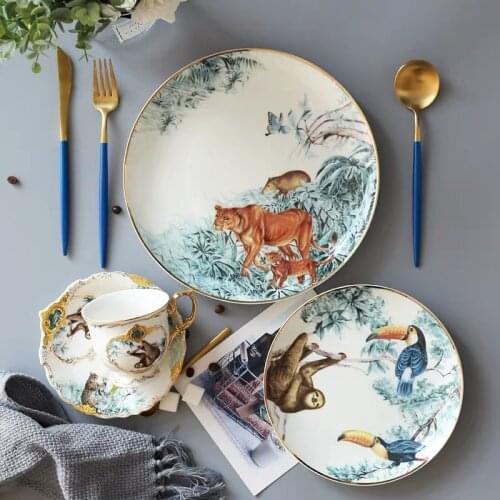 European Ceramic Tableware Forest Animal Coffee Cup Saucer Set Dessert Fruit Steak Plate Home Table Decor Porcelain Dinner Dish