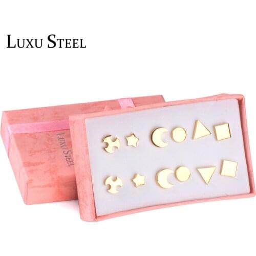 LUXUSTEEL Kid Earring Sets Stainless Steel Anti-allergy Gold Color 6pairs/Boxes Stud Earring Party GIft