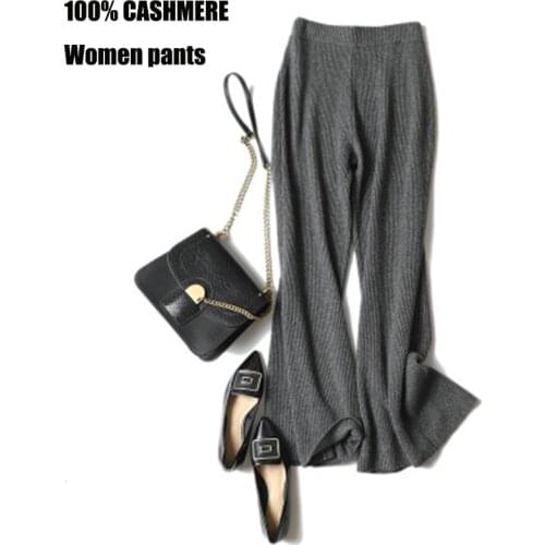 New 100% pure cashmere pants women Winter Autumn knitted wide-leg female loose Pocket trousers Striped casual fashion