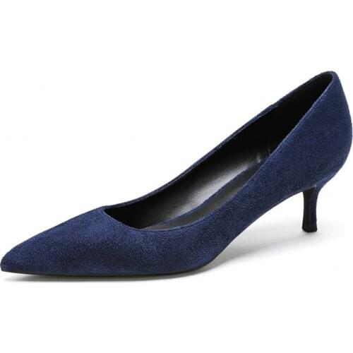 2020 New Kid Suede Leather Women Pumps Pink Gray Dress Shoes Woman Pointed Toe Office Bridal Shoes Fashion Med High Heel M0030