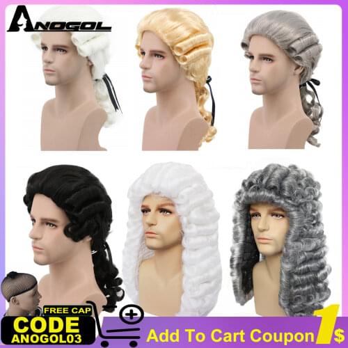 ANOGOL Grey White Black Lawyer Judge Baroque Curly Male Costume Wigs Deluxe Historical Long Synthetic Cosplay Wig for Halloween