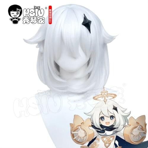HSIU Genshin Impact Paimon cosplay Wig white short hair Heat Re sistant Synthetic Hair+Free gift wig cap+free hair accessories
