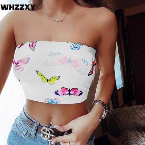 WHZZXY Butterfly Print Slim Crop Top Women 2020 Summer Slimming Tube Top White Sexy Party Tank Tops