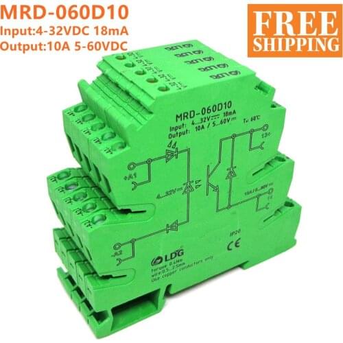 5PCS MRD-060D10 Innovative LED Indication 10A Input: 5V 12V 24V DC SSR Solid Sate Relay Interface DIN Rail Relay Module Switch