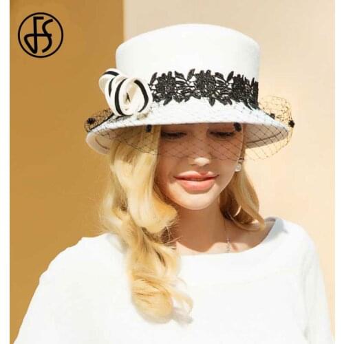 FS Winter Black Hats For Women Wool Felt Hat Wide Brim Fedora Vintage Bowler Cloche Hats Church Fashion 2020 Sombrero Mujer
