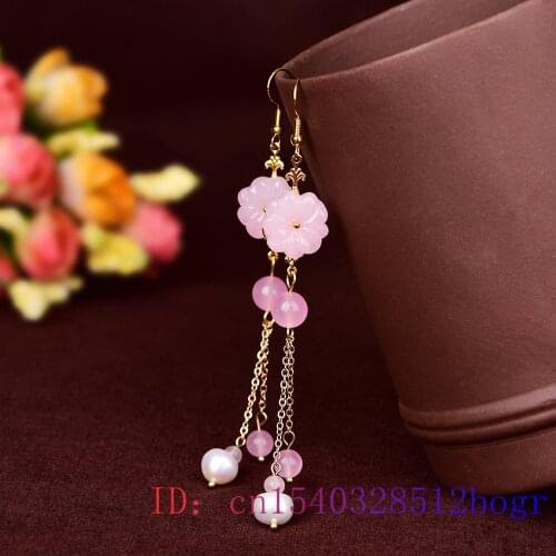 Pink Jade Flower Earrings Crystal Women Fashion Gifts Jewelry Natural Amulet 925 Silver Charm Zircon Gemstone Chalcedony
