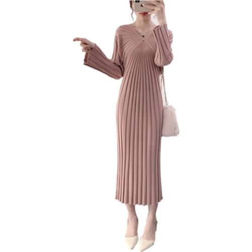 New Spring Autumn Womens Long Dress Slim V-Neck Female Knitted Sweater Turtleneck 2021 Winter Lady Bottoming Pleated Clothes