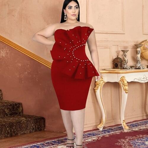 Plus Size Off Shoulder Dress Women Red Black Ruffles Bodycon Beading Large Size Knee Length Evening Party Event Ladies Dresses