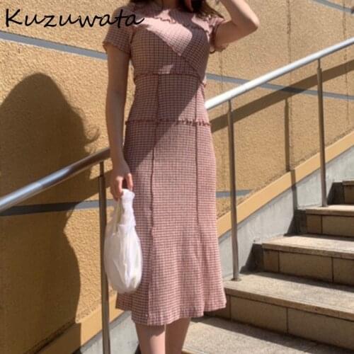 Short Neck O Sleeve Hign Waist Plaid Mid-Calf Vestidos 2021 Spring Summer Dress Japan Sweet Temperament Womens Robe