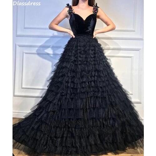 2020 New Evening Dress Tiered A-line Simple Black Spaghetti Strap V-neck Velvet Top Sleeveless Prom Dress robe de soirée