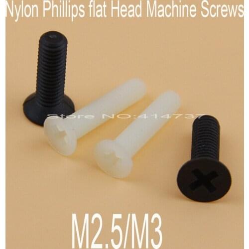 100pcs/lot M2.5/M3 Black Nylon plastic Phillips flat Head (Cross recessed countersunk head) Machine Screws Length 5mm--20mm