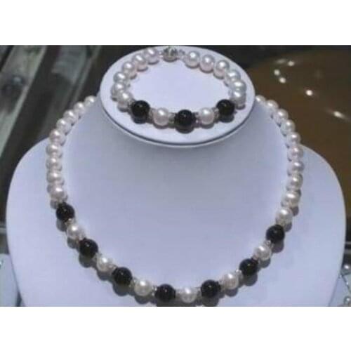 7-8MM White Pearl And Black Agate Neckalce Bracelet Set AAA