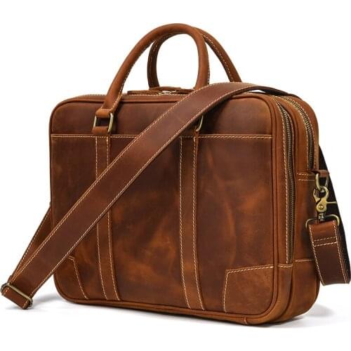 Business Briefcase Crazy Horse Leather Men Shoulder Bag Genuine Leather Messenger Bag Male Crossbody Bags Sling Office Handbag