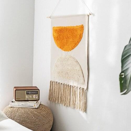 Nordic Style Home Boho Decor Cotton Tassel Handmade Woven Wall Hanging Tapestry Colorful Printing Hand Knotted Wall Decoration