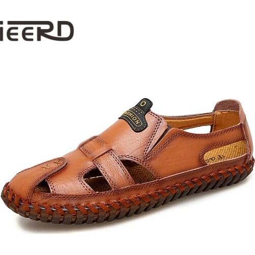 Breathable Split Leather Men Sandals Hand-made Summer Beach Sandals Protective Outdoor Sandals