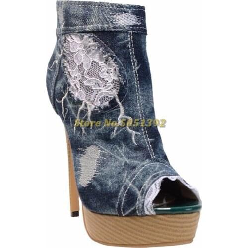 Denim Peep Toe Ankle Booties Platform Custom Made High Quality Side Zipper Lace Autumn Winter Short Boots Gradient Boots